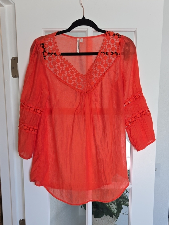 grand & greene Tops - ❤️❤️❤️grand & greene Bright Orange Crochet-Trim V-Neck Tunic
